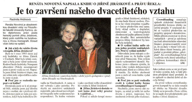 Rozhovor PhDr. Radmily Hrdinové s Renátou Novotnou, Právo 27.6.2014